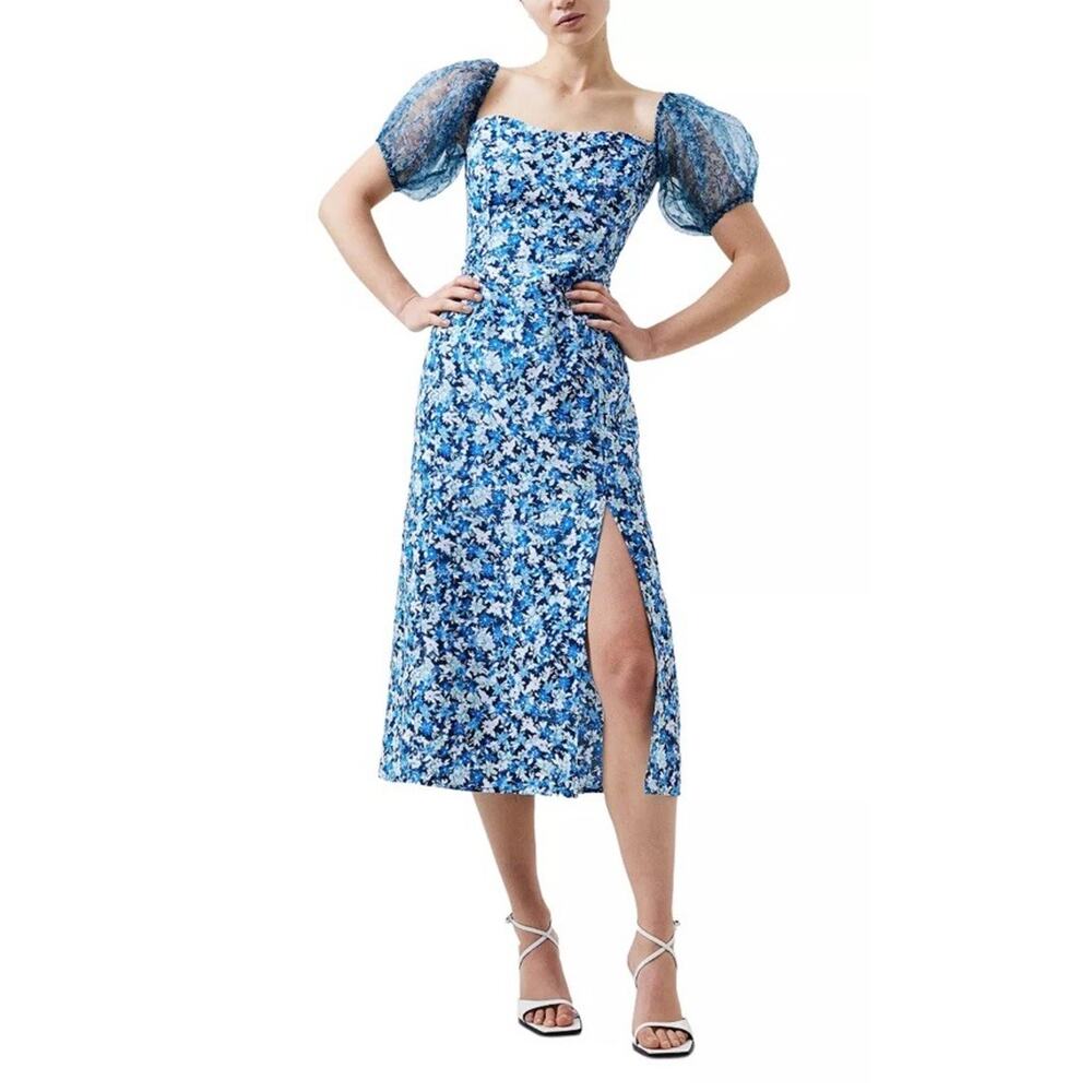 French Connection Dress Womens Size 6 Verona Blue Floral Crepe Midi Puff Sleeves